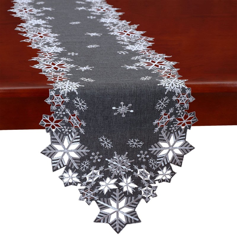 Simhomsen Embroidered Gray Snowflakes Table Runners for Christmas Holiday and
