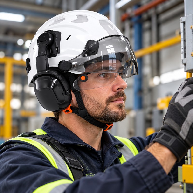 Safety Helmet with Built-In Visor & Removable Earmuffs – Style
