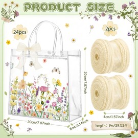 24 Pcs Spring Floral PVC Clear Gift Bags with Handles Wildflower Reusable Party Favors Bags with Ribbon Spring Wildflower Goodie Treat Bag Bulk Birthday Party Decor Supplies for Girls 8x8x3.15 Inch