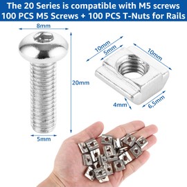 YAYODS Pack of 200 T-Slot Nuts M5 Set - 100 Pieces T Nut Rail & 100 Pieces Screws M5 for Aluminium Profile Extrusion Slot 2020 Series