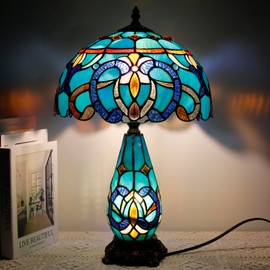 TCODTPOL Tiffany Lamp Stained Glass Table Lamp 12X19 Inches Mother Daughter Vase Desk Accent Night Light for Bedroom Bedside Reading Home Antique Style(Green Brown Jewelry)
