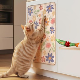 Sisal Cat Scratcher, [+ Catnip Fish Toy], Cat Wall Scratcher, Couch Protector from Cat Scratching, 24 X 15.8 with 12 Adhesive Velcro Stripes. (Floral)