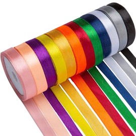 Rainbow Polyester Satin Ribbon, 12 Colour 10mm×22Metre Each Solid Color Double Faced Ribbons for Gift Wrapping, Crafting＆DIY Art, Balloons, Hair Bows, Wedding Decoration