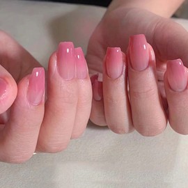 Ceboic Square False Nails Short, 24Pcs Pink Gradient French Press on Nails, Ballerina Trendy Fake Nails with Designs, Artificial Acrylic Stick on Nails for Women and Girls Nails Art