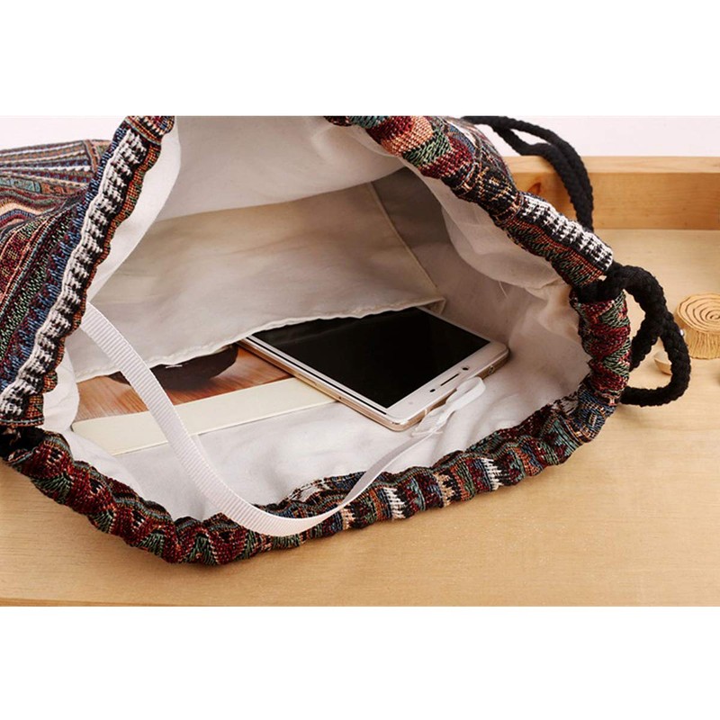 Richugui Retro Style Drawstring Bags stripe Backpack Bag Bohemian Drawstring
