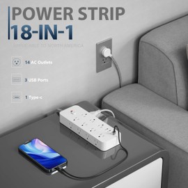 18 in 1 Surge Protector Power Strip, 14 AC Outlets & 4 USB Ports (1 USB C), 5 Feet Braided Extension Cord with Multiple outlets, 1875W/15A, One Touch Switch Button, Wall Mountable for Home, Office