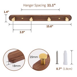 SARIHOSY Wall Mounted Coat Rack, Entryway Hanging Coat Rack, Metal Wood Coat Rail with 4 Rustic Hooks Rail for Coat, Scarf, Bag,Towel, Key, Cup, Hat, Walnut Gold Matt