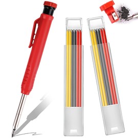 Carpenter Pencils Set of 1 with 12 Refills in 3 Colors, Deep Hole Marker, Carpenter Pencil, Built-In Sharpener, Marking Pen with Extended Tip Design, Architecture, Woodworking, Repair, DIY, Furniture