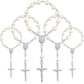Pack of 30 Christening Rosary Acrylic Rosary Beads Finger Christening Rosaries Artificial Pearls for Christening Favours Christening Communion Wedding Party Favours (Silver Pearl Silver Chain)
