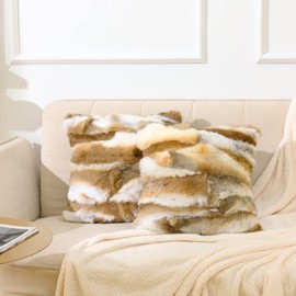 Entua Set 2 Handcrafted Luxurious Fur Throw Pillow Covers 20x20 Natural Rabbit Fur Pillow Cover Soft Plush Real Animal Fur Decor Throw Pillow Farmhouse Cushion Cover for Sofa Couch Brown