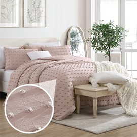 Swift Home Full/Queen Blush Comforter Set - Decorative Tufted Pom Poms Bedding Set - 3 Pieces Bed Linen, 1 Comforter and 2 Pillow Shams