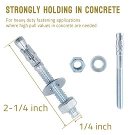 1/4" x 2-1/4" – 20pcs Wedge Anchor Zinc Plated Heavy Duty Fastener for Concrete and Cement, Carbon Steel Concrete Anchor Bolts