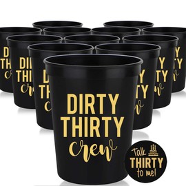 Dirty Thirty Crew 30th Birthday Party Cups, Set of 12-16oz Black and Gold Stadium Cups with "Talk Thirty to Me" Button for Decorations - Dirty 30 Birthday Decorations for Him