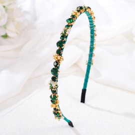 Sinalty Green Thin Rhinestone Headbands Gold Beaded Woven Hair Band Retro Crystal Hair Accessories For Women And Girls