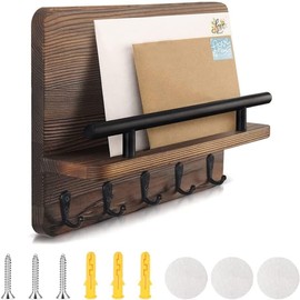 SPOWAY Porta Llaves Montado en la Pared, Portacorreos con 5 Ganchos, Perchero con Balda Mural, Organizador de Correo con Ganchos para Porches Llaves Decoración Rústica del Hogar para Entradas