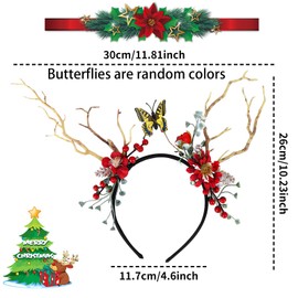Christmas Headband Christmas Reindeer Antlers Headband Flower Crown Hair Hoops with Artificial Pine Cones Red Berry Elk Deer Headwear Animal Horns Hairband for Women Girls Party Costume Supplies