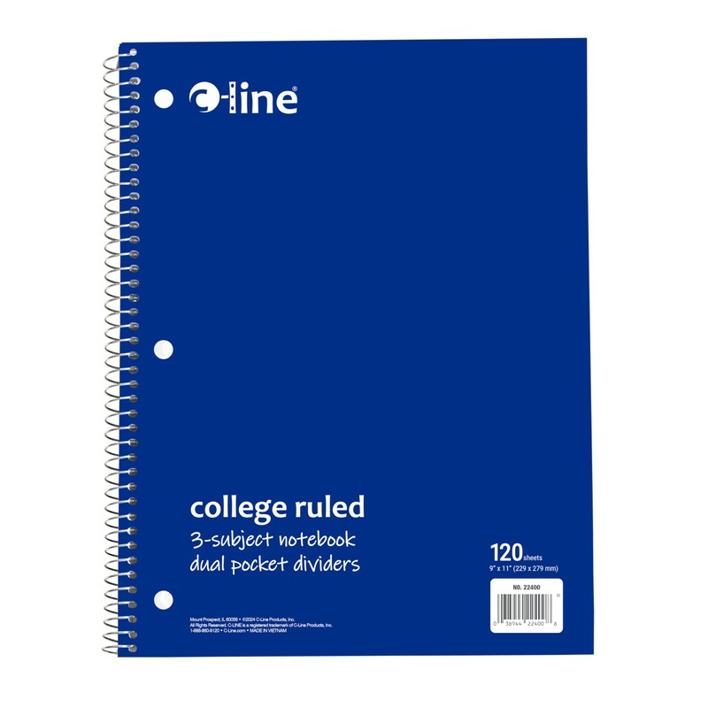 C-Line 3-Subject Notebook, College Ruled, 1 Notebook, Color May Vary