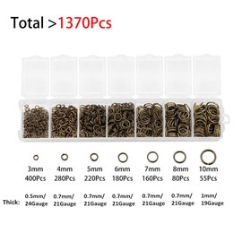1370pcs Assorted 7 Sizes 3mm-10mm Round Open Jump Ring Split Rings Jewellery Findings Connector for Earring Bracelet Necklace Keychain Accessories (Antique Bronze)