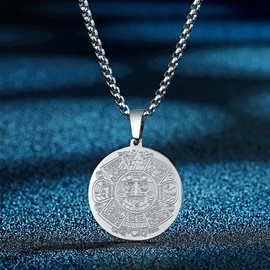 Chereda Mayan Calendar Amulets Pendant Necklace For Women Men Vintage Talisman Jewelry 316L Stainless Steel Necklaces, Stainless Steel, No Gemstone
