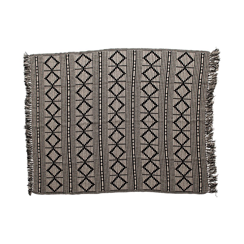 Bloomingville Black & Beige Woven Cotton Blend Blanket with Fringe