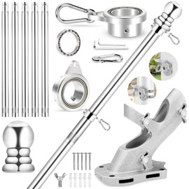 6 FT Flag Pole with Bearings Rings and Bracket, 360° Spinning Flag Poles Kit for Outside House Porch Wall, 1" Metal Anti-Wrap Flagpole with Rotating Bearing Steel Ball Ring Clips & 2-Position Holder