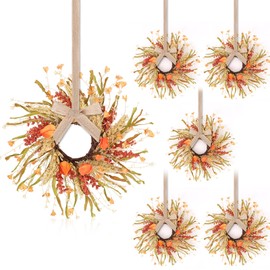 6 Pcs 9 inch Fall Wreaths Thanksgiving Artificial Wreaths Autumn Hanging Wreath for Cabinets Farmhouse with Ribbon for Front Door Porch Wall Window Decoration