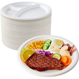 PACK OF 50 - 10" 3 COMPARTMENT STRONG DISPOSABLE PLATES Super Rigid Biodegradable Dinner Plates Ecofriendly Party Plates USED FOR HOT & COLD Foods Ideal for Christmas Party Home Birthday Party Plates