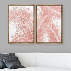 SIGNWIN Framed Canvas Print Wall Art Set Tropical Red Pastel Palm Leaf Plants Nature Wilderness Illustrations Modern Art Decorative Rustic Chic for Living Room, Bedroom, Office - 24"x36"x2 Natural