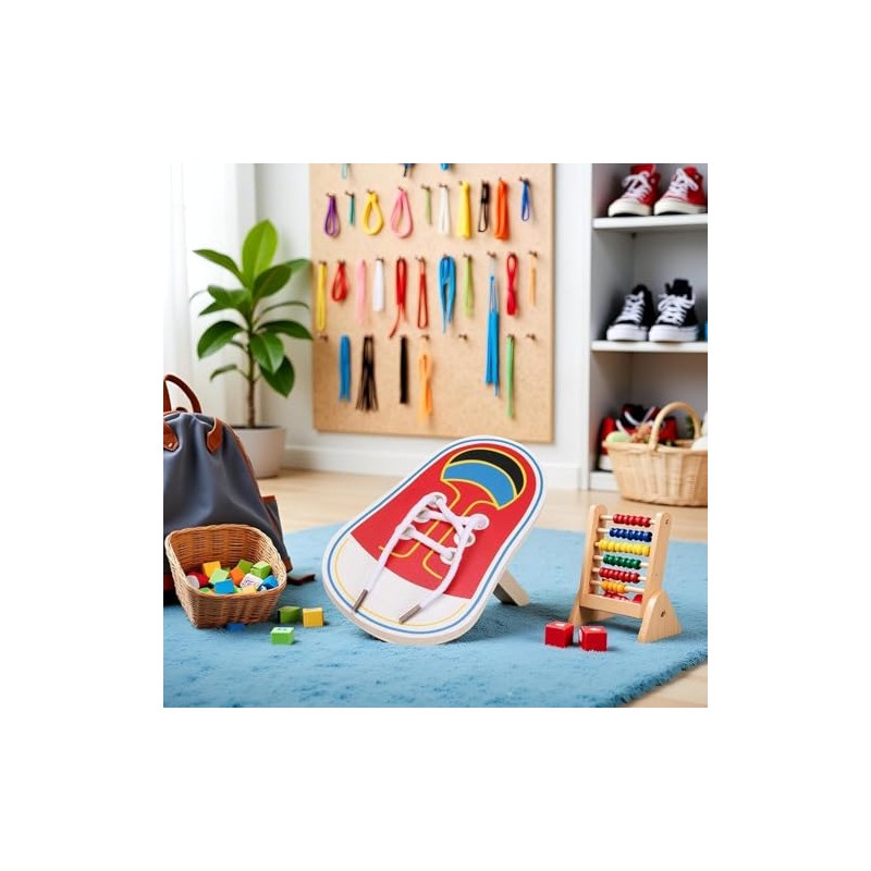 Wooden Shoe Lacing Practice Board, Learn to Tie Training Kit,