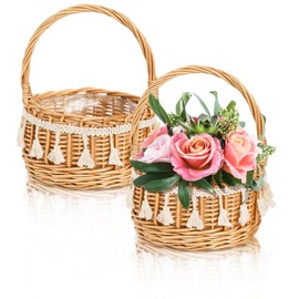 WRINGKIT 2 Pack Flower Girl Basket, Small Wicker Basket with Silk Petals, White Ribbon, Plastic Liner, Decorative Woven Willow Rattan Basket for Wedding, Gifts, Camping, Home Decor