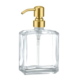 Rzoeox Clear Glass Soap Dispenser with Brushed Gold Pump, 13.5 OZ Liquid Soap Dispenser Square with Stainless Steel Pump with Waterproof Labels for Dish Hand Soap Bathroom Kitchen Vanity Countertop