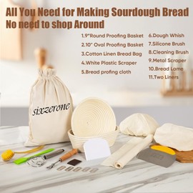 Sourdough Bread Baking Supplies,Sourdough Banneton Bread Proofing Basket Set of 2,9 Inch Round &10 Oval,Sourdough Starter Kit,for Making Baking,With Bread Lame,Linen Liner,Dough Whisk,Bread Bag