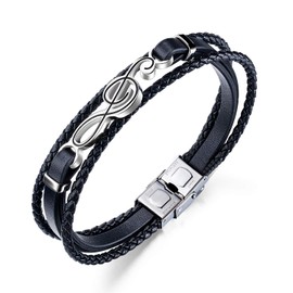 Vanski Punk Mens Leather Bracelet Black Braided Rope Wristband Music Note Treble Clef Charm Bracelet (Music Note)