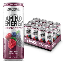 Optimum Nutrition Amino Energy Sparkling Hydration Drink, Electrolytes, Caffeine, Amino Acids, BCAAs, Sugar Free, Berry Burst, 12 Fl Oz, 12 Pack