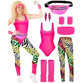 Conjunto de chándal retro de los años 80 para mujer, ropa de los años 80 y 90, accesorios para disfraces, jersey, leggings, diadema, pulseras, calentadores de piernas, aretes, 80S Sports Suit