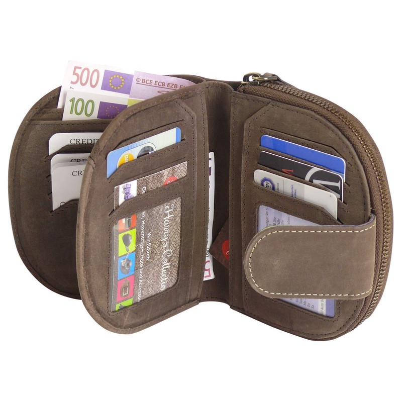 Harrys-Collection Half Round Women's Purse in Vintage Brown with Feather,