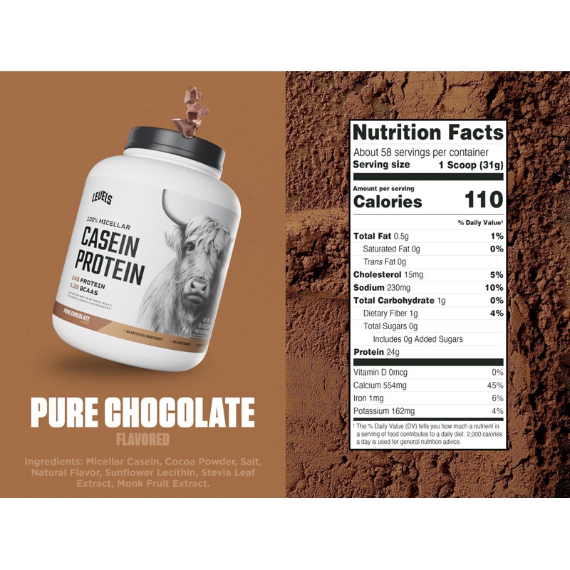 Levels 100% Micellar Casein Protein, Hormone Free, Chocolate, 4LB