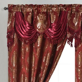 GOHD Luxe Love. Jacquard Window Curtain Panel Drape with Attached Fancy Valance. 2pcs Set. (Wine, 54" Wide x 84" Drop with 18" Valance x 2pcs)