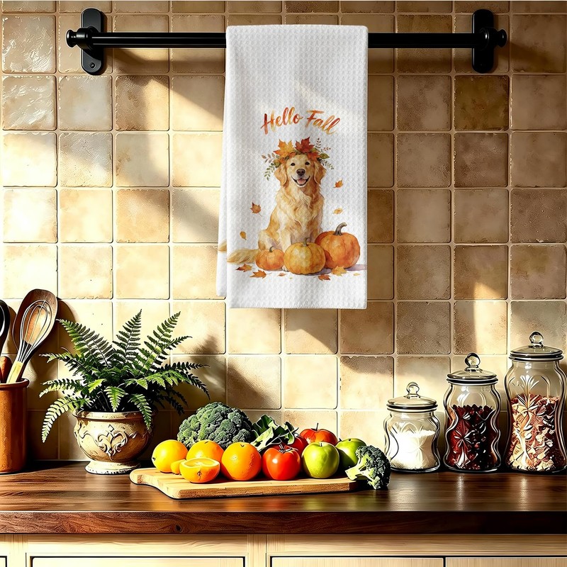 Fall Golden Retriever Kitchen Dish Towel, Golden Retriever Gift