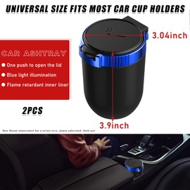 Dickno 2 PCS Car Ashtray with Lid, Detachable Stainless Smokeless Auto Ashtray, Portable Mini Vehicle Trash Can with LED Blue Light, Universal Interior Accessories for Cup Holder (Blue)