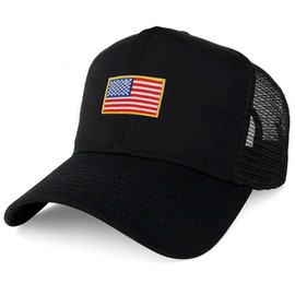 AC Racing USA American Flag Patch Snapback Trucker Mesh Cap - Black, Small Yellow