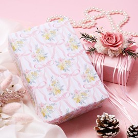 LaRibbons Reversible Bow Wrapping Paper Mini Roll, Pink Bow and Floral Design, Gift Wrap for Wedding, Bridal Shower,Baby Shower,Birthday, 17" x 33'(46.7 sq. ft)