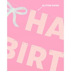 xo, Fetti Happy Birthday Bow Banner Iridescent Foil + Pink Glitter, 5 Ft. | Birthday Party Decoration, Coquette HBD Decor, 21st Bday Supplies, Photobooth Backdrop