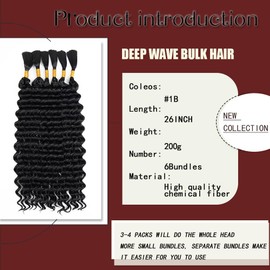 Braiding Hair for Boho Braids 200g 26 Inch No Weft Deep Wave Bulk，Bohemian Style for Braid Wet and Wavy Boho Hair for Braids 26 Inch (#1B,200g/ 6 bundles)