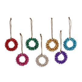 NOVICA Handmade Steel Ornaments Assorted Bell Wreath from India Set of 7 Holiday Decor Christmas [2.2in Diam.] 'Jingling Wreaths'