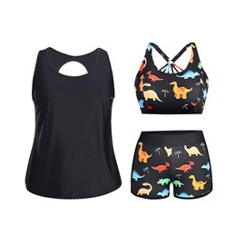 Holipick Women Black Dinosaur Plus Size 3 Piece Tankini Swimsuits Athletic Bathing Suits with Boy Shorts Tank Top with Sports Bra 18W