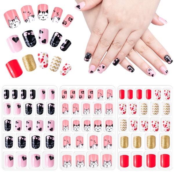 72 Pieces Children Nails Press on Pre-glued Full Cover Fake Nail Kits, 3 Pack Cute Artificial False Nails Tips for kids and Teen girls