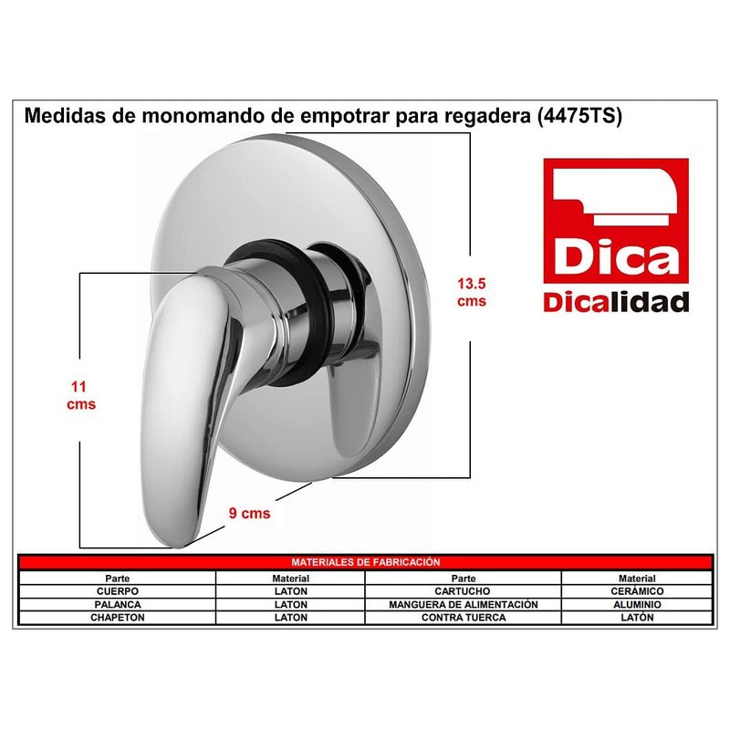 DICA, Monomando para Regadera de Empotrar a Muro, Acabado Cromo,
