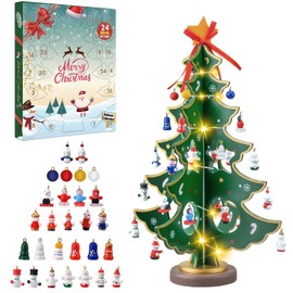Dalugo Advent Calendar 2024, 24 Days Countdown Advent Calendar Wooden Christmas Tree with Fairy Lights and 28 Mini Ornaments for Christmas Table Decoration Party Favours Gift Children