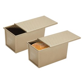 CURTA Pullman Loaf Pan with Lid1 lb Dough Capacity, Bakeware, with Non-Stick Coating, Bread Pan with Lid, Ripple Toast Box Mold, Champagne Gold 2 Sets